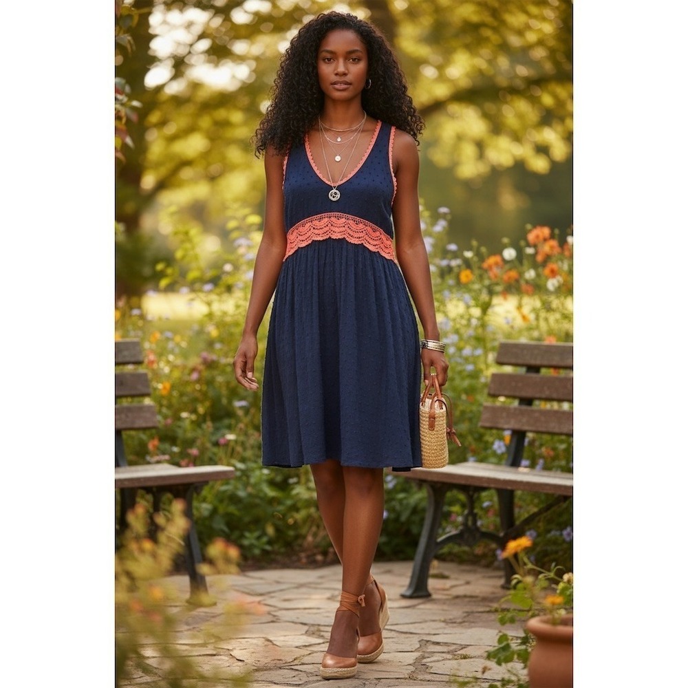 Umgee USA Dress Womens Size M Navy Fit & Flare Knee Length Keyhole Back
